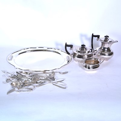 Lot 97 - A large silver plated tray, three-piece tea set, and flatware