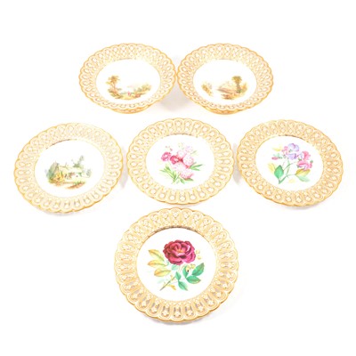 Lot 8 - Two Minton comports, a matching plate, and three other dessert plates