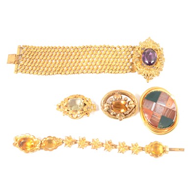 Lot 416 - Gilt bracelet with amethyst coloured paste stone, agate brooch, two brooches and bracelet.