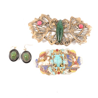 Lot 408 - An Art Nouveau converted buckle, Egyptian revival buckle and pair of scarab earrings.