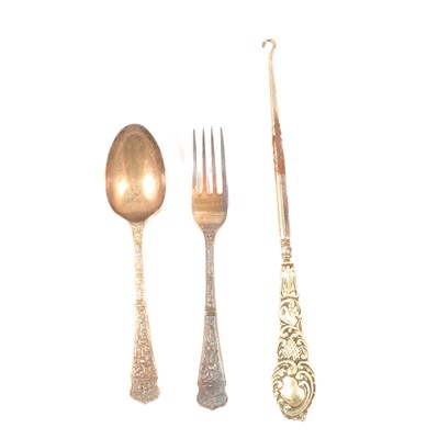 Lot 324 - Silver Christening spoon and fork, William Gallimore & Sons, Sheffield 1903, and plated buttonhook.