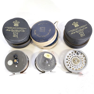 Lot 160A - Hardy Bros 'The Featherweight' trout fly fishing 3" reel, and two Marquis #6 reels
