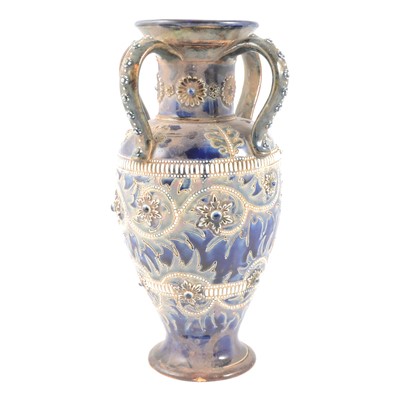 Lot 37 - George Tinworth for Doulton Lambeth, a stoneware Seaweed vase with four handles, 1879
