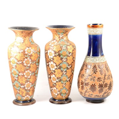 Lot 44 - Pair of large Royal Doulton / Doulton & Slaters lace pattern vases, and another vase.