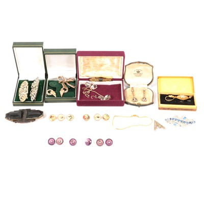 Lot 435 - A collection of Victorian and later jewellery, dress clips, V brooch, earrings.