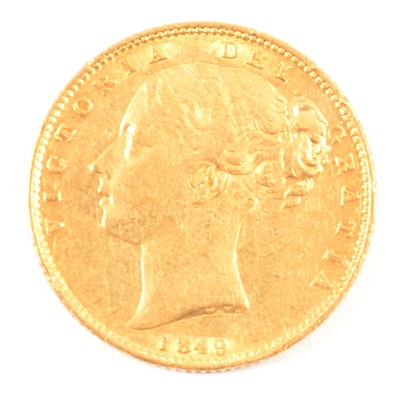 Lot 151 - A Gold Full Sovereign Coin, Victoria Young Head 1849, Shield Back.