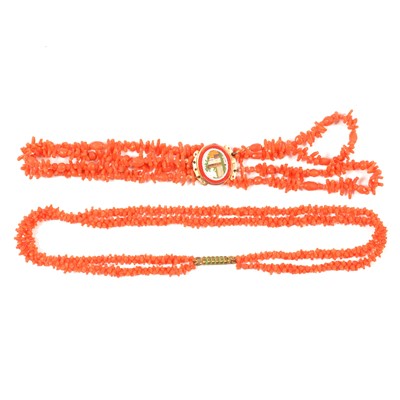 Lot 305 - Two coral necklaces, one with mosaic clasp.