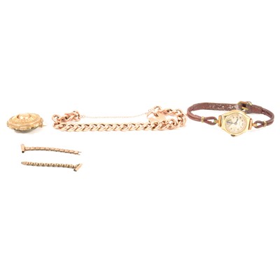 Lot 367 - Rose metal curb link bracelet, lady's wristwatch, Victorian 9 carat yellow gold target brooch.