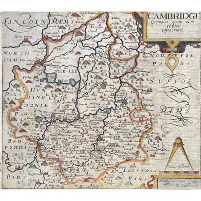 Lot 478 - After Christopher Saxton, hand-coloured map of Cambridge