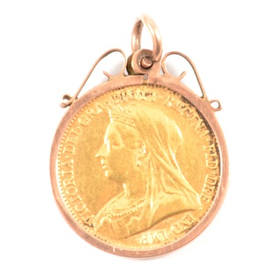 Lot 148 - A Gold Half Sovereign Coin Pendant, Victoria Veiled head 1893, in a scroll top mount.
