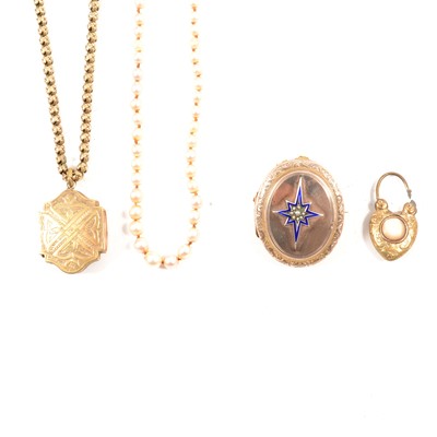Lot 238 - A gold back and front locket and chain, locket brooch, padlock and pearls.