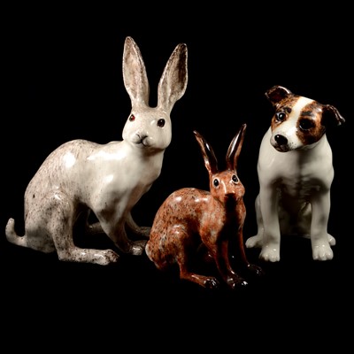 Lot 9 - Three Winstanley pottery figures - two hares and a Terrier