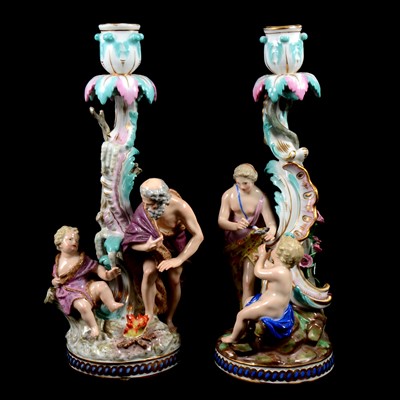 Lot 18 - Pair of Meissen porcelain candlesticks, allegorical of the Seasons
