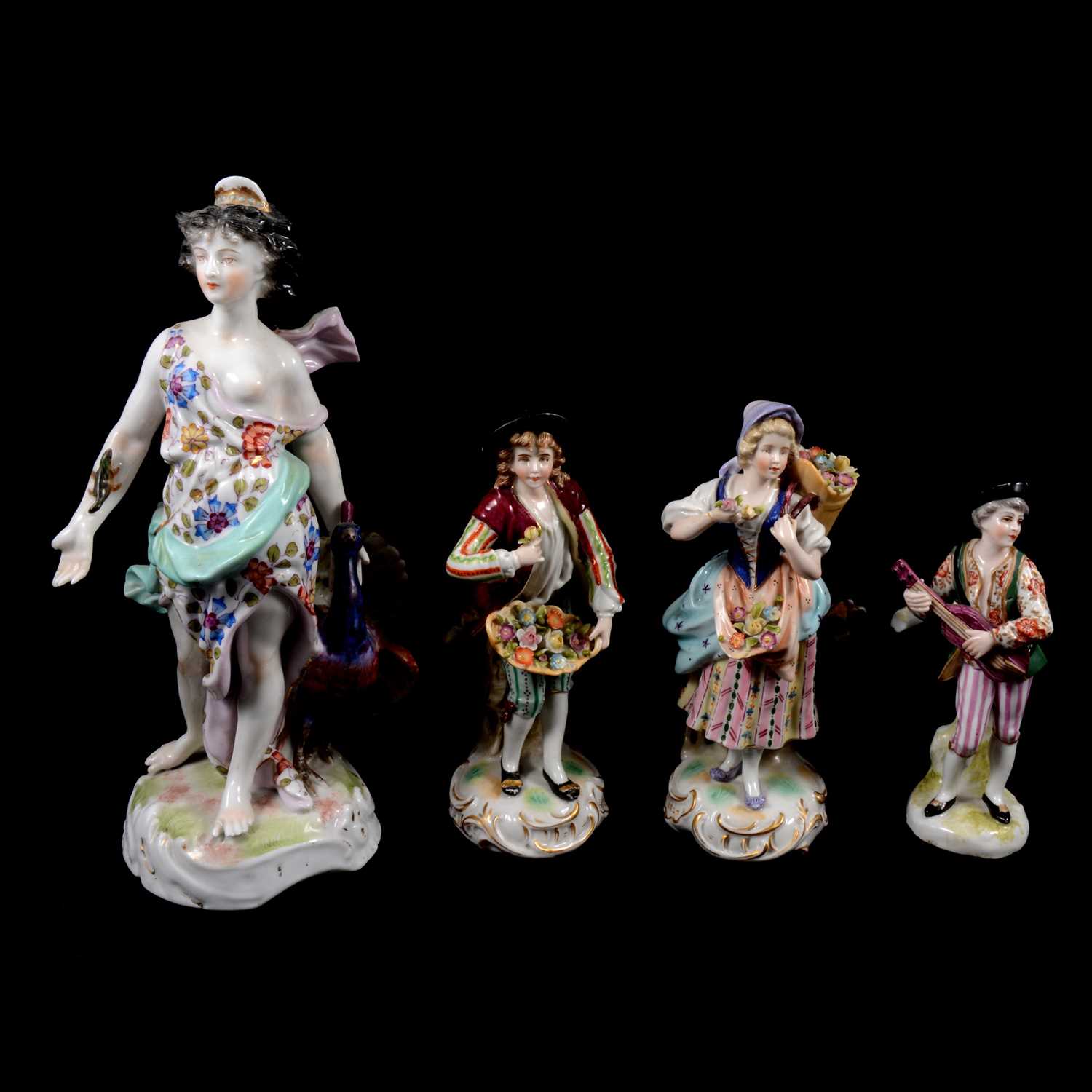 Lot 15 - Sitzendorf porcelain figure, Juno with a peacock, a pair of figures and one other