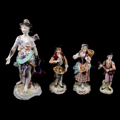 Lot 15 - Sitzendorf porcelain figure, Juno with a peacock, a pair of figures and one other