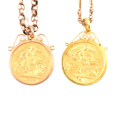 Lot 144 - Two Gold Half Sovereign Coin pendants and chains.