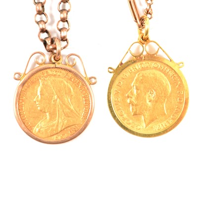 Lot 144 - Two Gold Half Sovereign Coin pendants and chains.