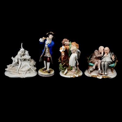 Lot 98 - Three Capodimonte figural groups and a single male flautist.