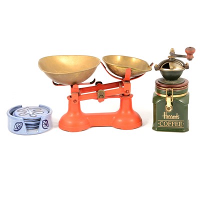 Lot 222 - Twin-handled copper jam pan, copper kettles, kitchen scales, pewter tankards, and other kitchenalia.