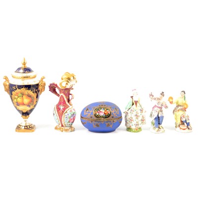 Lot 48 - Three Meissen figures, Jacob Petit vase, Coalport vase, and a Noritake egg.