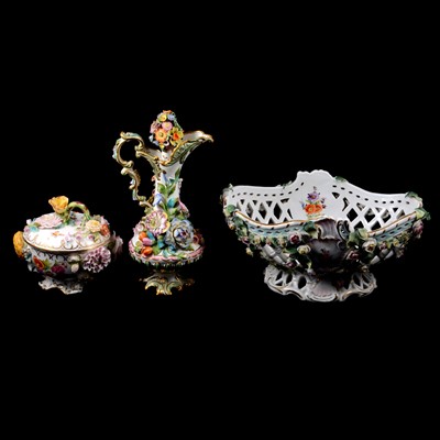 Lot 49 - Coalbrookdale style porcelain ewer and stopper, a Coalport pot and cover, and a floral basket.