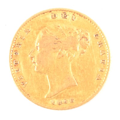 Lot 362 - A Gold Half Sovereign Coin, Victoria Bun Head, Shield Back 1856.