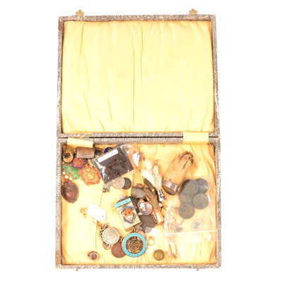 Lot 275 - Yellow and other metal mounted rabbits' feet, silver jewel, medals, charm, and other collectables.