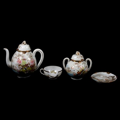 Lot 66 - Japanese eggshell teaset, other porcelain / pottery items, wooden stands, and a wall hanging.