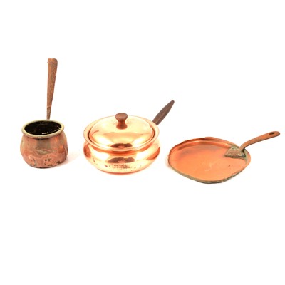 Lot 254 - Copper jam pan, saucepans, bed warmers and other wares.