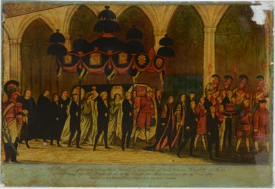 Lot 105 - "A correct representation of the funeral procession of the Princess Charlotte of Wales", a reverse print on glass