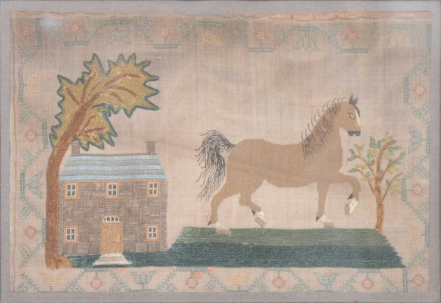 Lot 106 - Georgian needlework panel depicting a horse and house