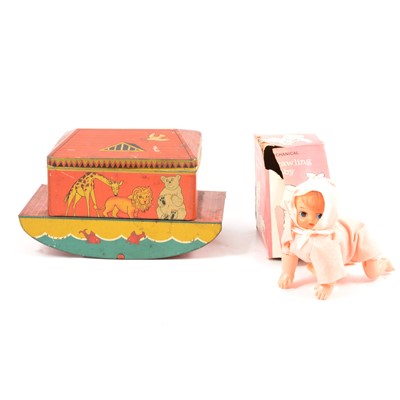 Lot 156 - Vintage Noah's Ark toffee tin and a crawling baby doll.