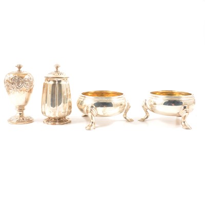 Lot 144 - Pair of Victorian silver salts, and two pepperettes