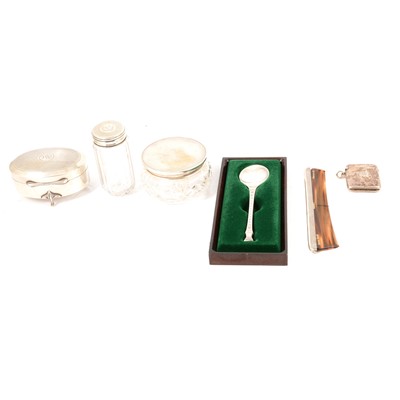 Lot 334 - Silver ring box, silver topped bottles, silver-mounted comb, vesta case and silver Christmas spoon.