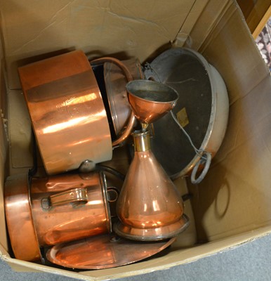 Lot 235 - Brass jam pan, large lidded pan, coal scuttle and other wares.