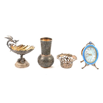 Lot 185 - Swiss strut clock and three small white metal items