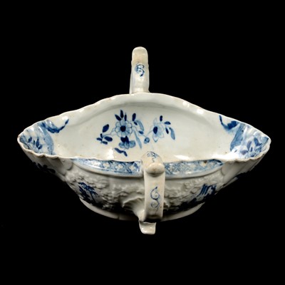 Lot 128 - First Period Worcester porcelain blue and white two-handled sauceboat