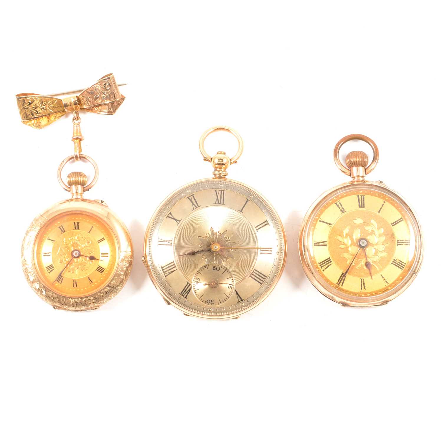 Lot 323 - Three gold and yellow metal fob watches.