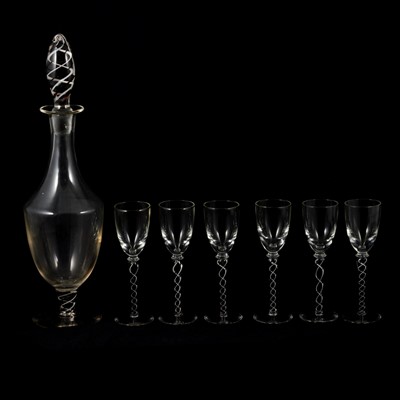 Lot 67 - Decanter and set of six liqueur glasses, silver-plated sweetmeat dish, and plated basket.