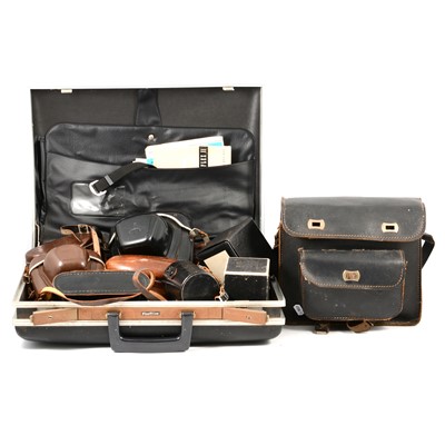 Lot 210 - Vintage cameras and accessories, including Zeiss Ikon Tenax II Rangefinder camera etc