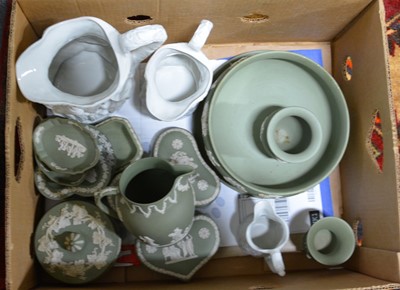 Lot 78 - Wedgwood green, dark blue and pale blue jasperware items, and Portmeirion jugs.