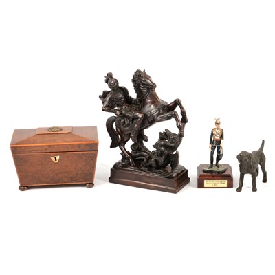 Lot 218 - wooden sarcophagus shape tea caddy, bronze model of a dog, painted military figures and other items.