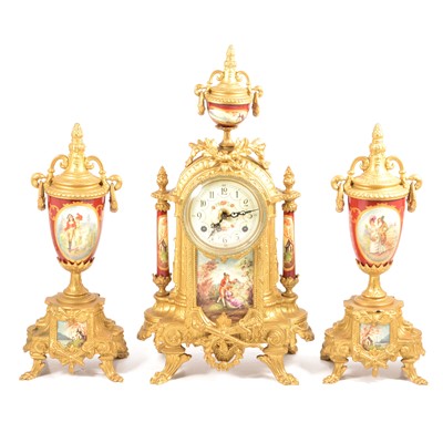 Lot 114 - 19th century style gilt metal and porcelain clock garniture