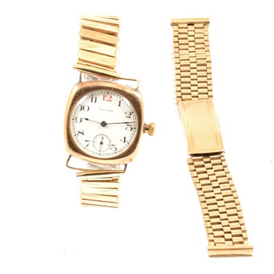 Lot 349 - Waltham - a gold wristwatch and a gold watch bracelet.