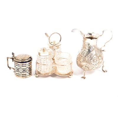 Lot 239 - Georgian silver cream jug, mustard pot and cruet set.