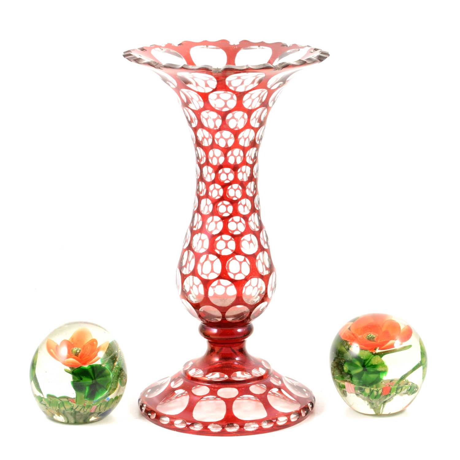 Lot 46 - Pair of floral glass paperweights, and a glass vase.