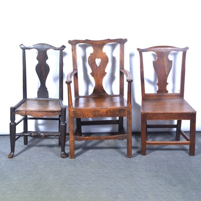 Lot 446 - Set of six 18th century oak dining chairs, plus a carver, and two associated chairs