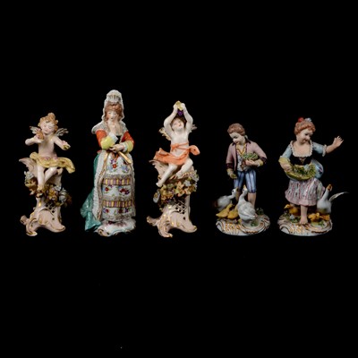 Lot 82 - Continental porcelain figure, and two pairs of figures