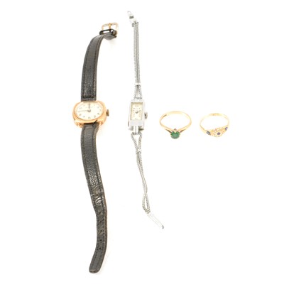 Lot 382 - Two wrist watches - Bucherer and Vertex, green stone ring, small rose cut ring.