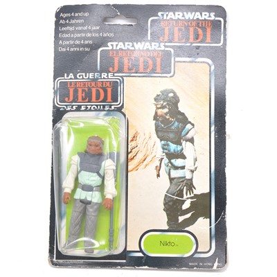 Lot 1299 - Star Wars figure by Palitoy Nikto, Tri-logo box, 79 card back, with weapon, (window unstuck)